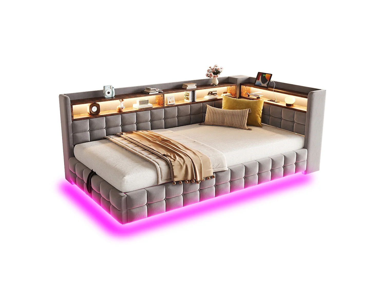 Upholstered Storage Daybed 90 x 200 cm - with LED - with Power Outlet - with USB + Type-C Charging Ports - Grey (mattress not included)