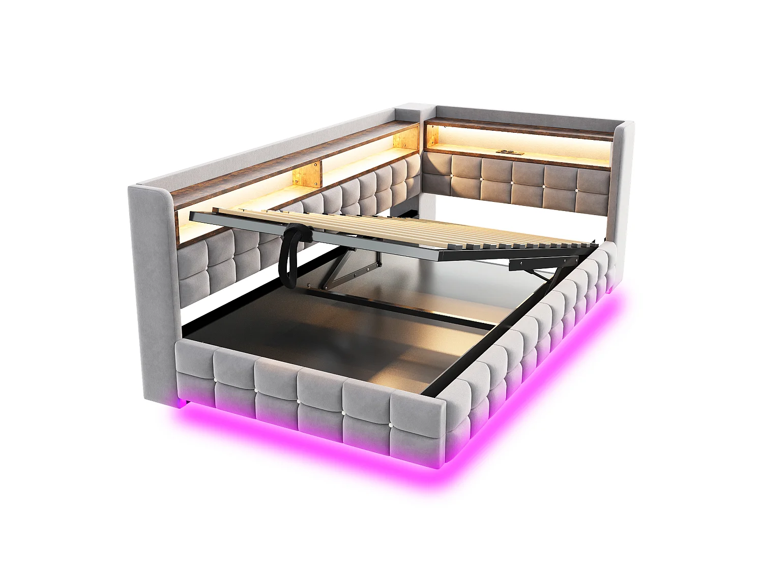Upholstered Storage Daybed 90 x 200 cm - with LED - with Power Outlet - with USB + Type-C Charging Ports - Grey (mattress not included)