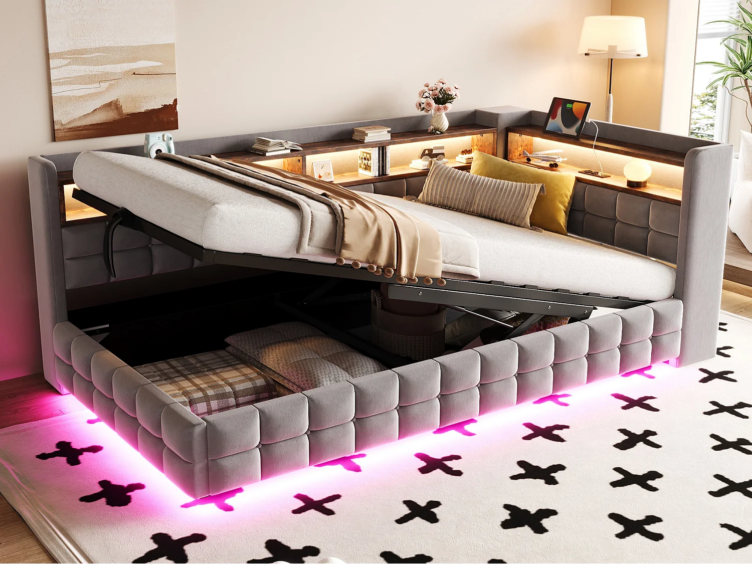 Upholstered Storage Daybed 90 x 200 cm - with LED - with Power Outlet - with USB + Type-C Charging Ports - Grey (mattress not included)