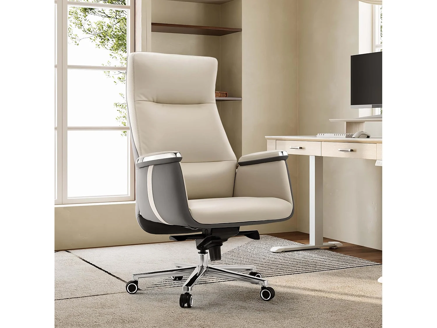 Fauteuil bureau haut dossier pivotant, assise large en simili cuir ergonomique. Charge max 136kg, teinte gris acier, parfait pour bureau domestique