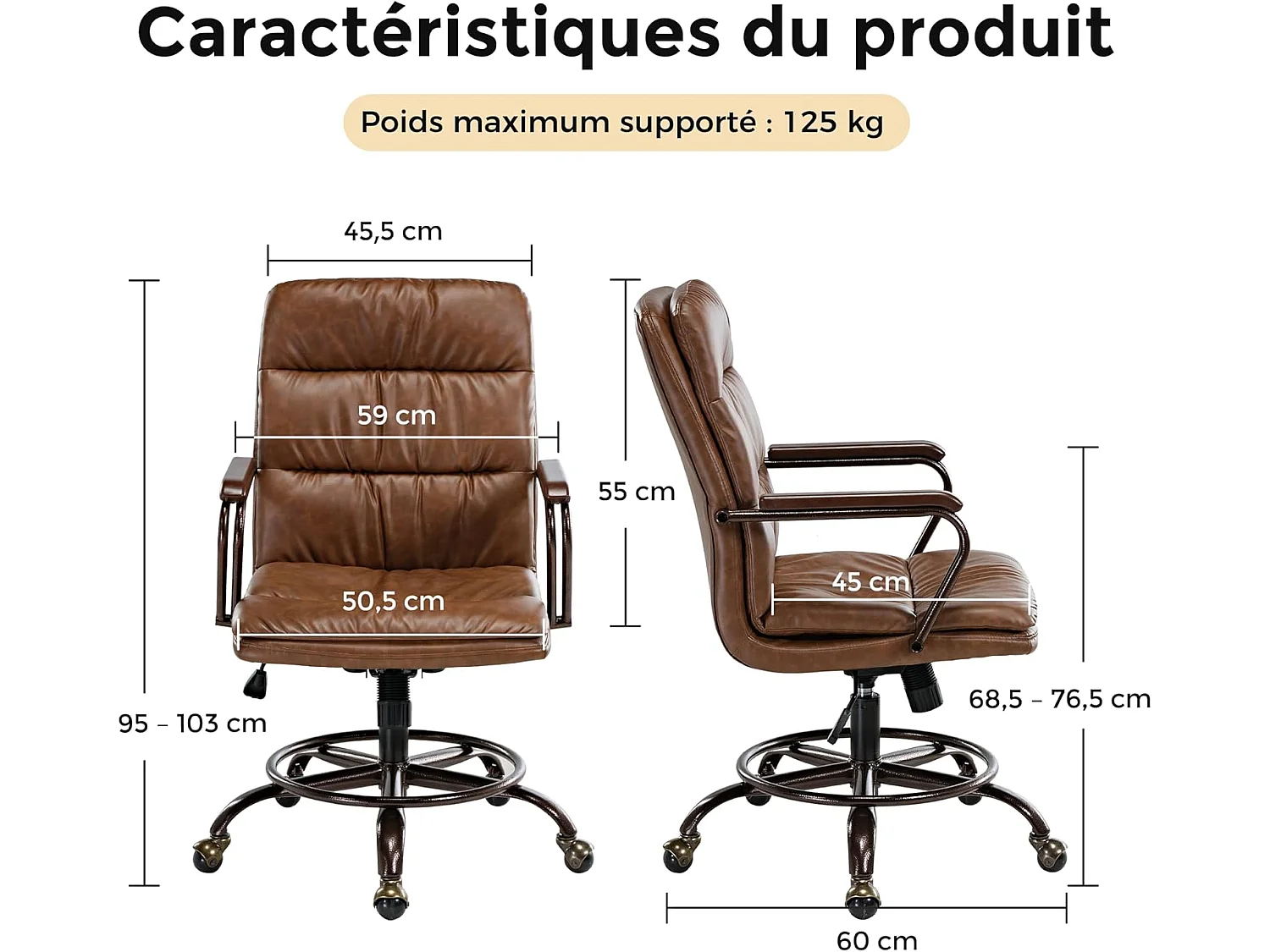 Chaise pivotante style rétro médiéval en simili cuir PU, hauteur ajustable. Charge maximale 125kg, coloris gris, convenant bureau, salon et chambre