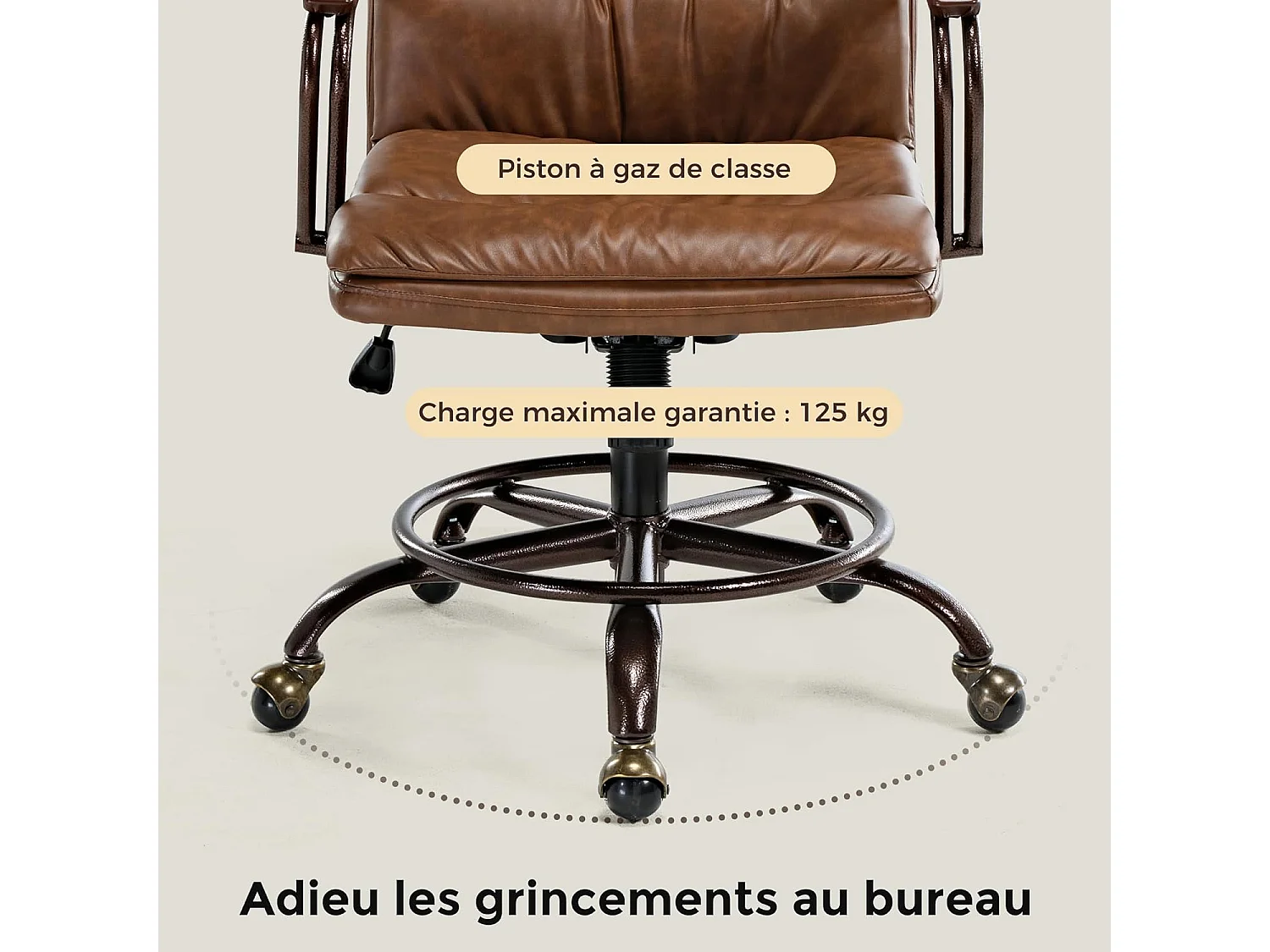 Chaise pivotante style rétro médiéval en simili cuir PU, hauteur ajustable. Charge maximale 125kg, coloris gris, convenant bureau, salon et chambre
