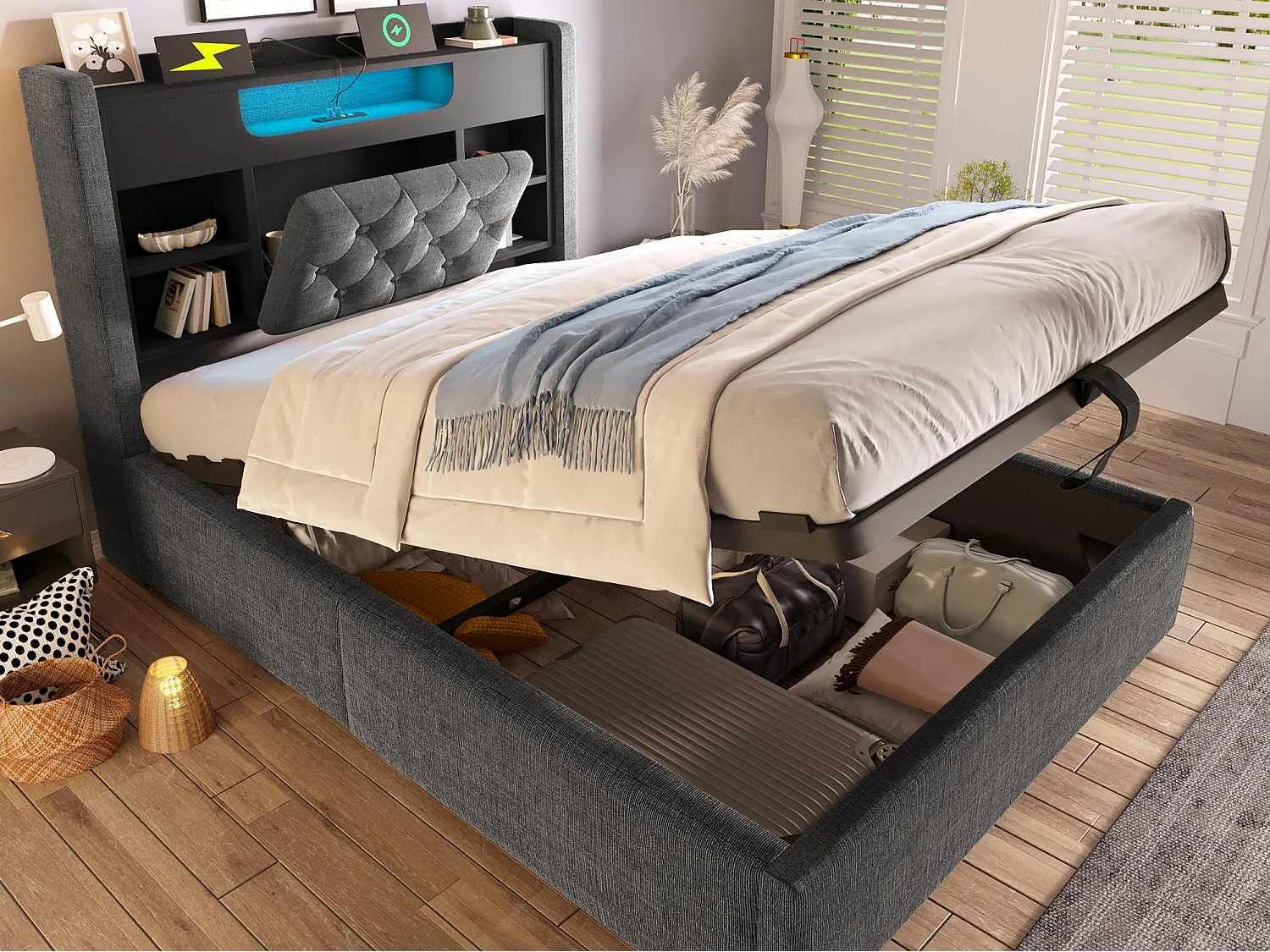 Lit coffre rembourré 90x200cm - avec LED - avec chargement USB/Type-C - tête de lit avec rangement - tissu de lin - Gris (sans matelas)