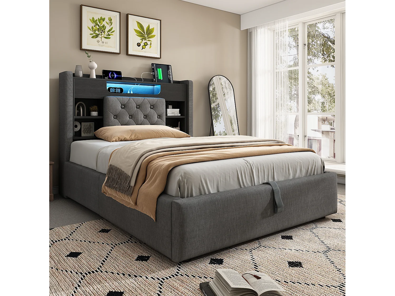 Lit coffre rembourré 90x200cm - avec LED - avec chargement USB/Type-C - tête de lit avec rangement - tissu de lin - Gris (sans matelas)
