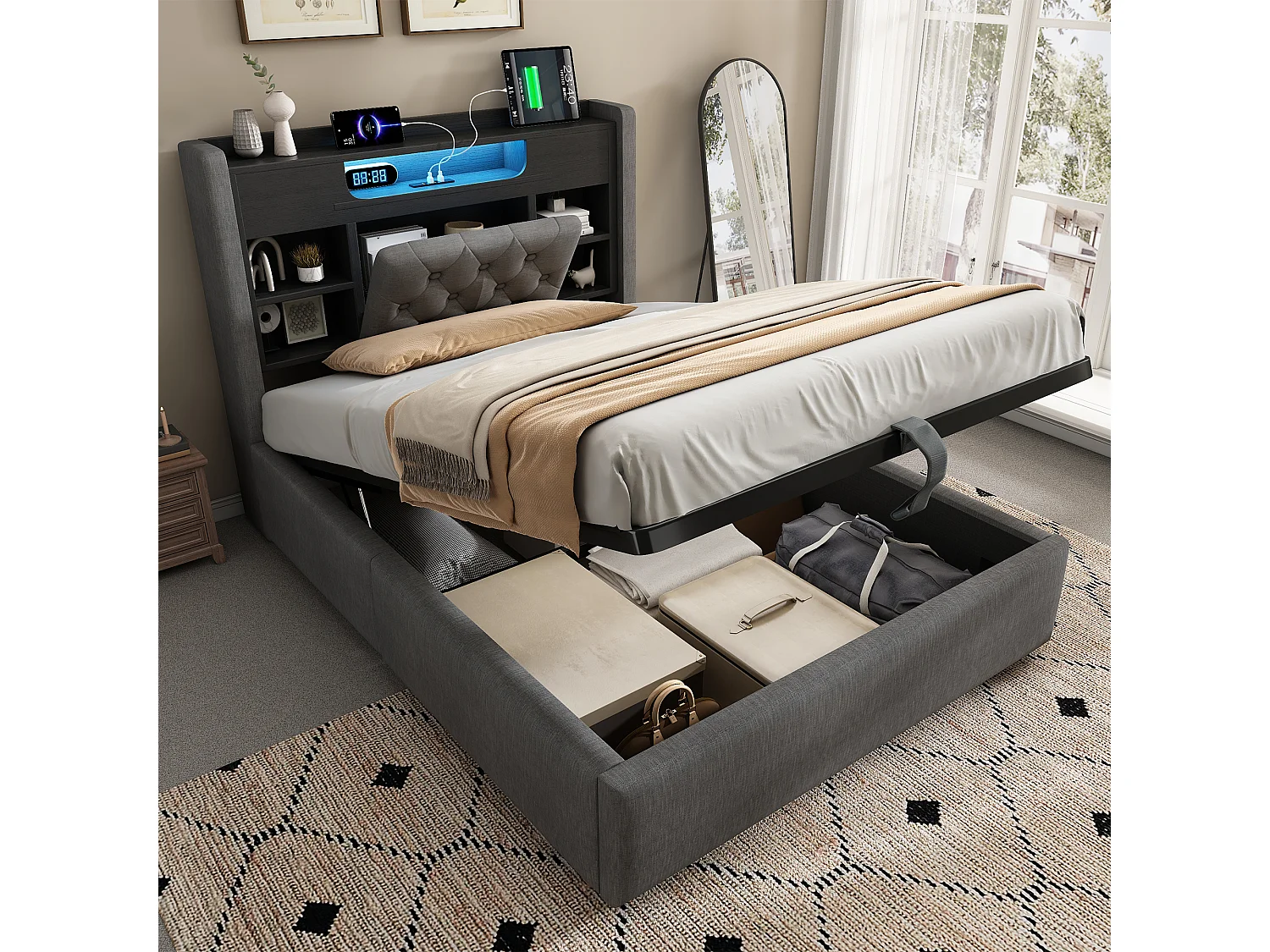 Lit coffre rembourré 90x200cm - avec LED - avec chargement USB/Type-C - tête de lit avec rangement - tissu de lin - Gris (sans matelas)