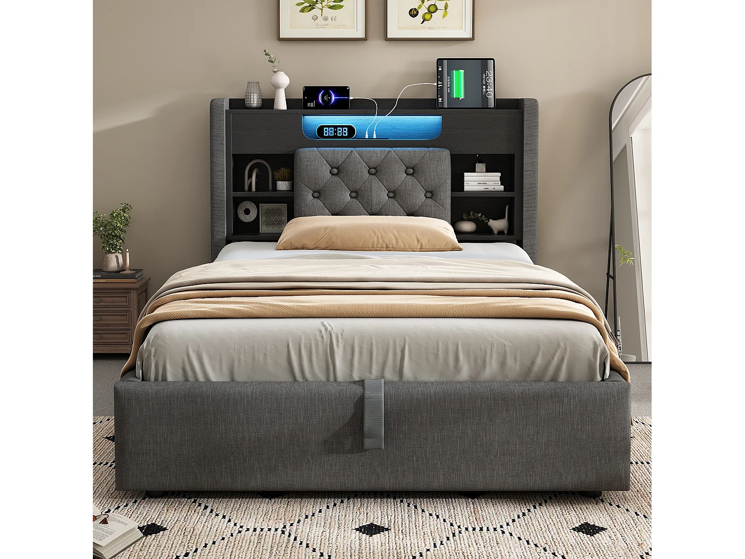 Lit coffre rembourré 90x200cm - avec LED - avec chargement USB/Type-C - tête de lit avec rangement - tissu de lin - Gris (sans matelas)