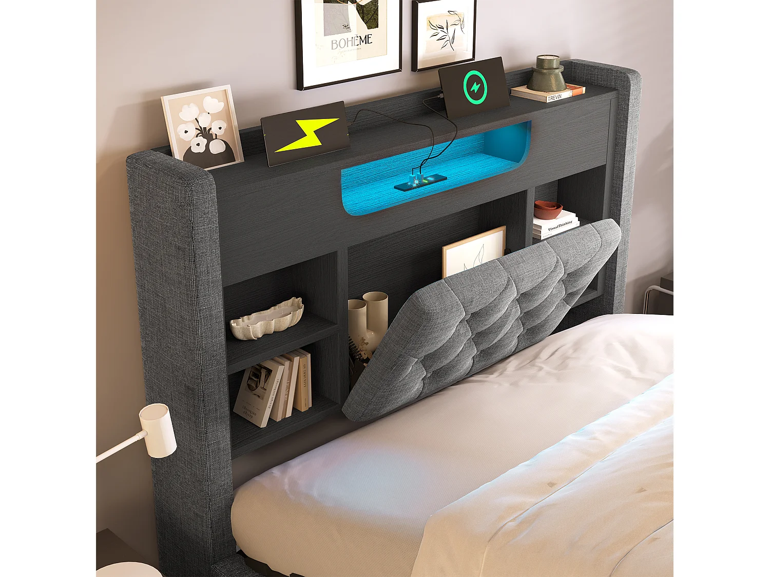 Lit coffre rembourré 90x200cm - avec LED - avec chargement USB/Type-C - tête de lit avec rangement - tissu de lin - Gris (sans matelas)