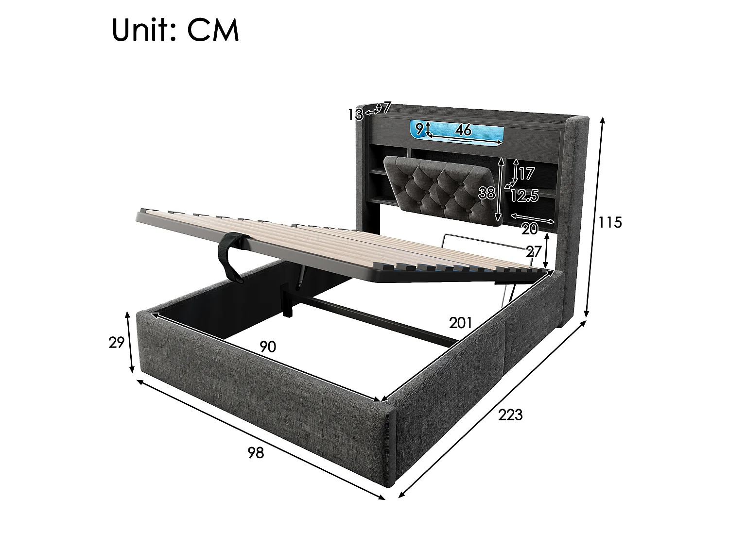 Lit coffre rembourré 90x200cm - avec LED - avec chargement USB/Type-C - tête de lit avec rangement - tissu de lin - Gris (sans matelas)