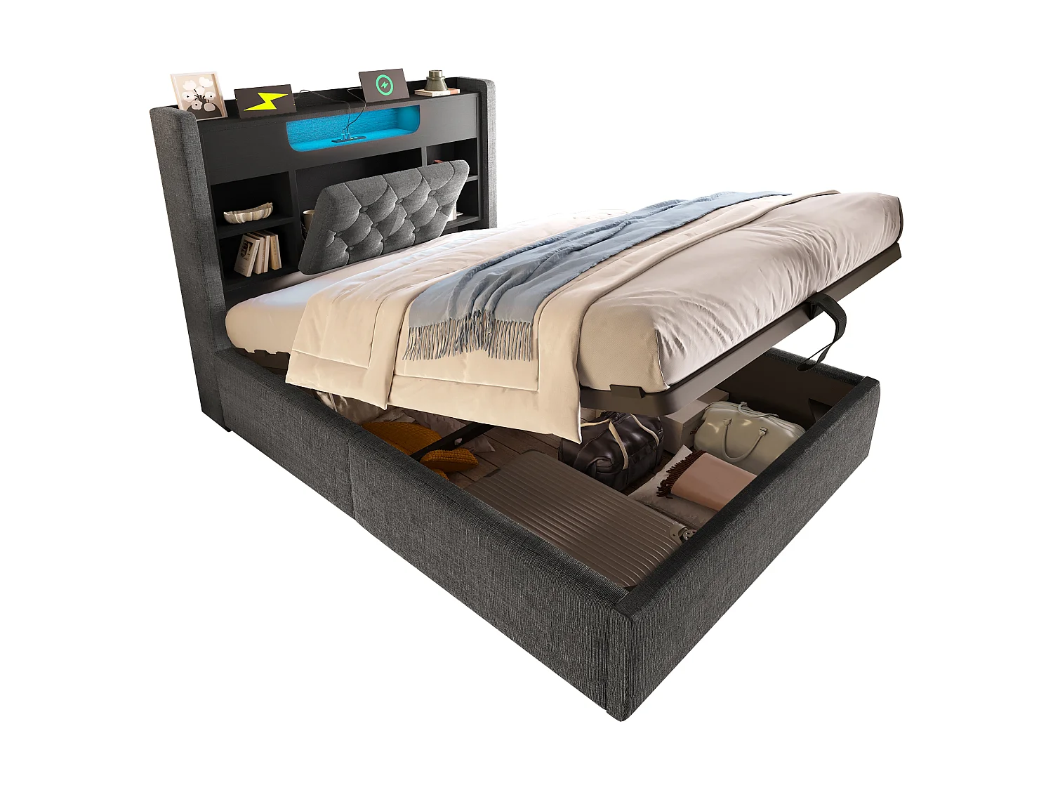 Lit coffre rembourré 90x200cm - avec LED - avec chargement USB/Type-C - tête de lit avec rangement - tissu de lin - Gris (sans matelas)