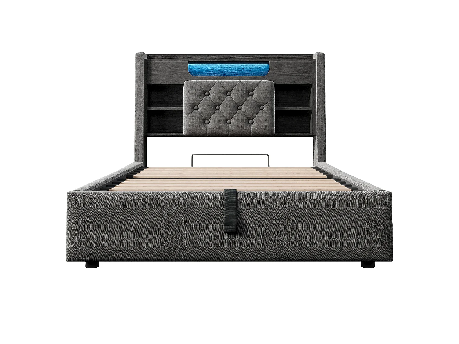 Lit coffre rembourré 90x200cm - avec LED - avec chargement USB/Type-C - tête de lit avec rangement - tissu de lin - Gris (sans matelas)