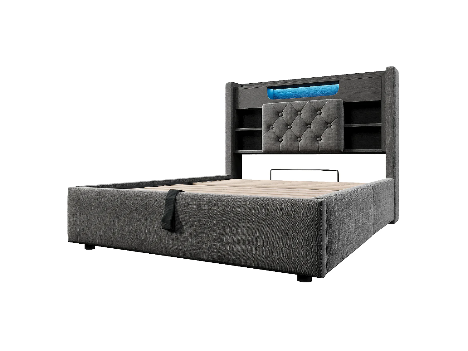 Lit coffre rembourré 90x200cm - avec LED - avec chargement USB/Type-C - tête de lit avec rangement - tissu de lin - Gris (sans matelas)