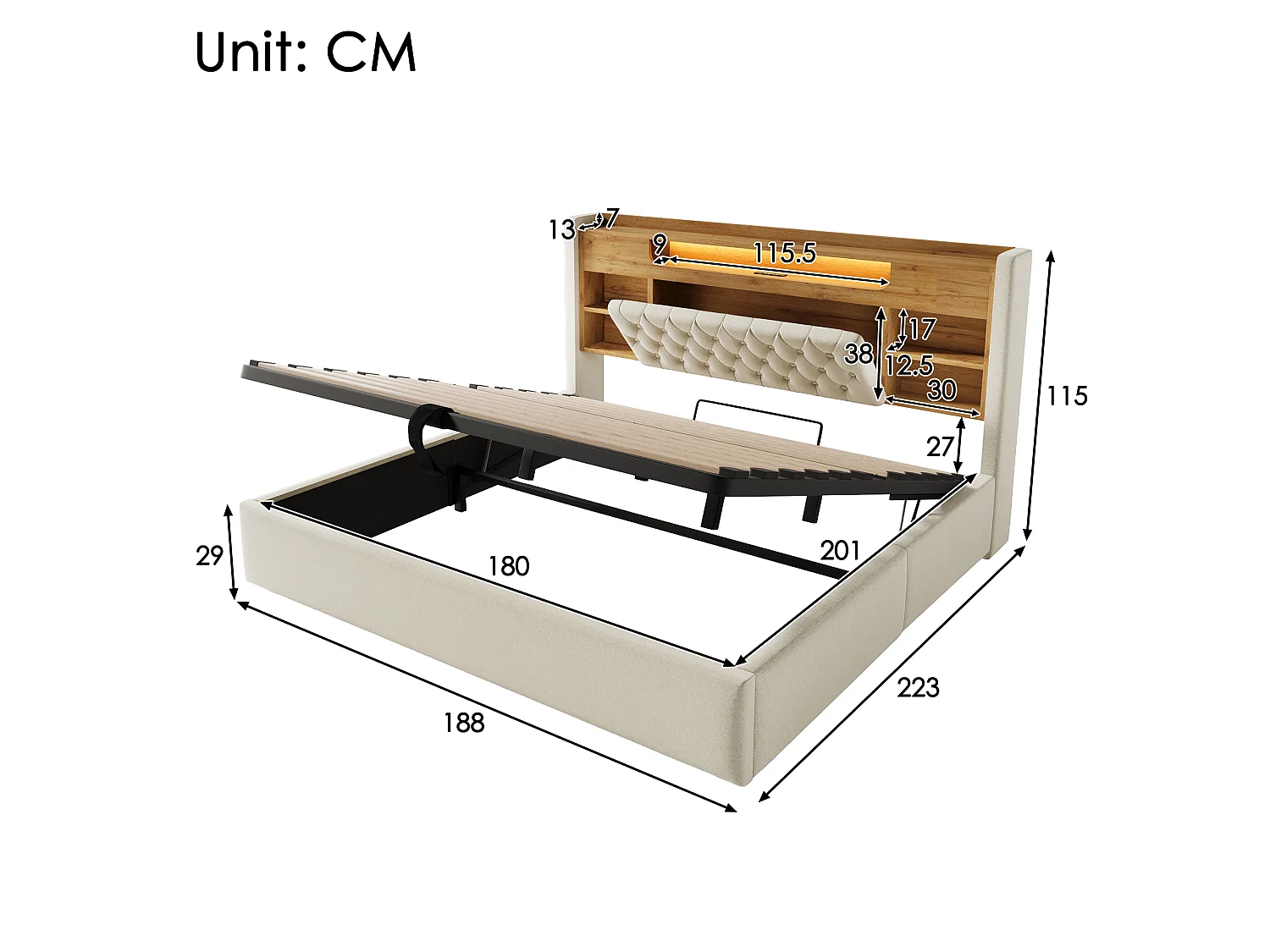 Gepolstertes Stauraumbett 180x200 cm - mit LED - mit USB/Type-C-Ladung - Kopfteil mit Stauraum - Leinenstoff - Beige (ohne Matratze)