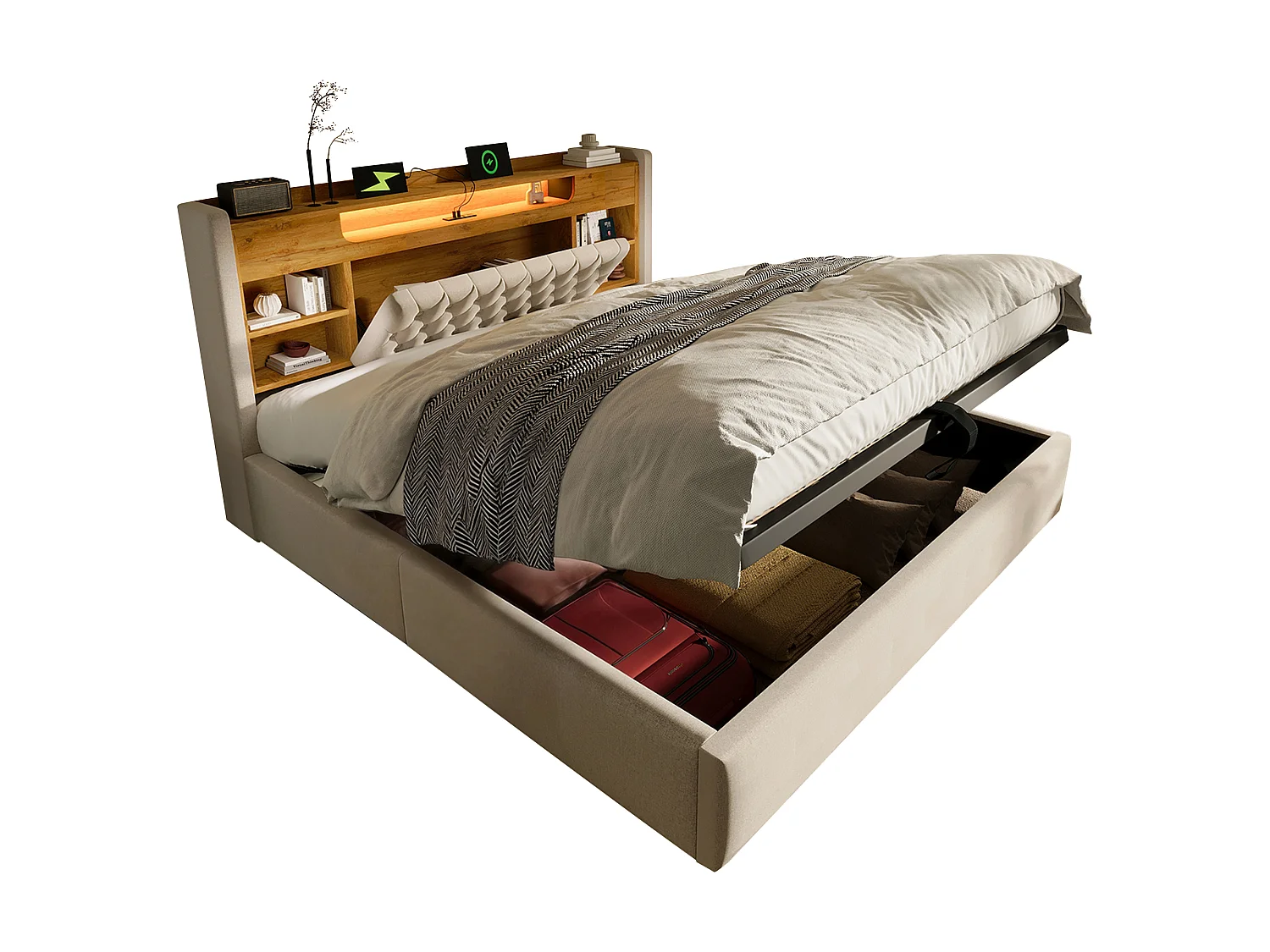 Gepolstertes Stauraumbett 180x200 cm - mit LED - mit USB/Type-C-Ladung - Kopfteil mit Stauraum - Leinenstoff - Beige (ohne Matratze)