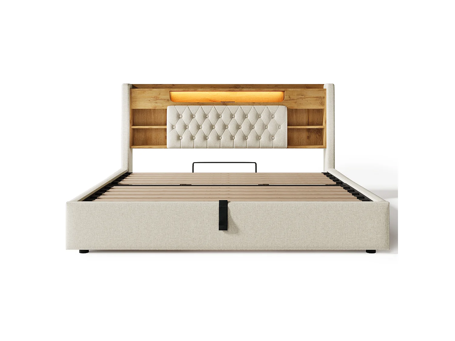 Gepolstertes Stauraumbett 180x200 cm - mit LED - mit USB/Type-C-Ladung - Kopfteil mit Stauraum - Leinenstoff - Beige (ohne Matratze)