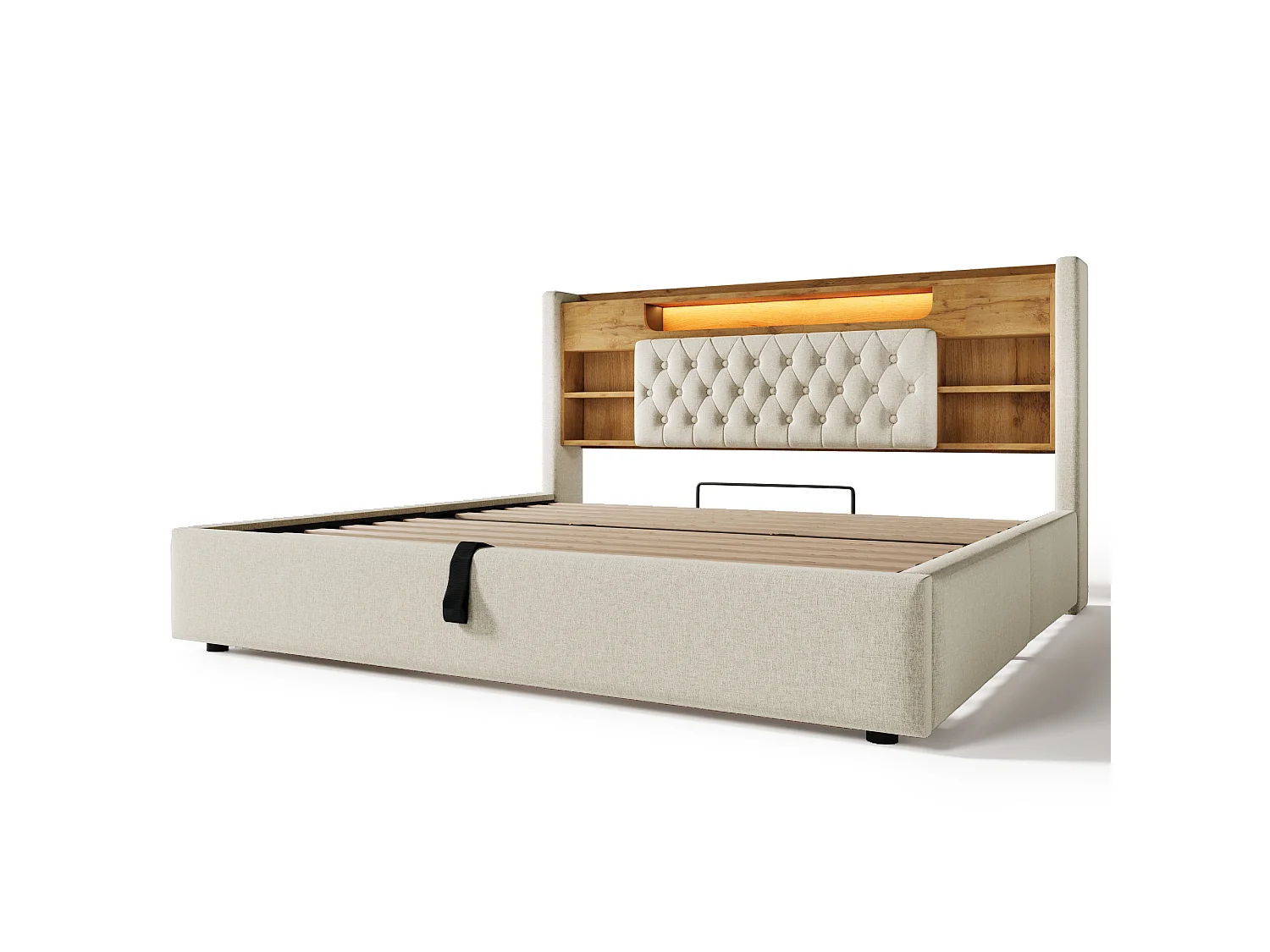 Gepolstertes Stauraumbett 180x200 cm - mit LED - mit USB/Type-C-Ladung - Kopfteil mit Stauraum - Leinenstoff - Beige (ohne Matratze)