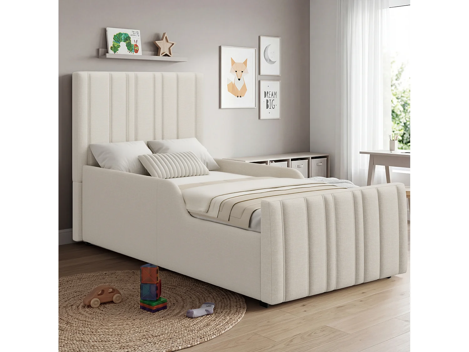 Lit coffre enfant 90 x 200 cm en tissu lin - Lit simple beige
