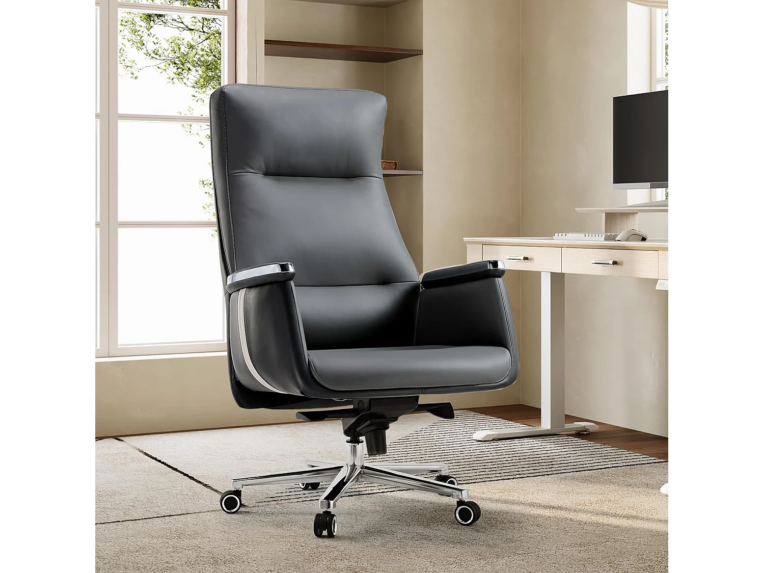 Fauteuil bureau haut dossier pivotant, assise large en simili cuir ergonomique. Charge max 136kg, teinte gris acier, parfait pour bureau domestique