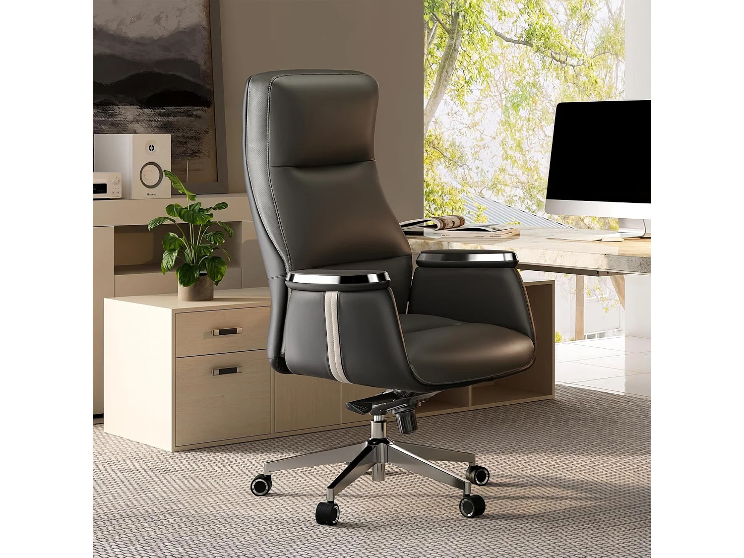 Fauteuil bureau haut dossier pivotant, assise large en simili cuir ergonomique. Charge max 136kg, teinte gris acier, parfait pour bureau domestique