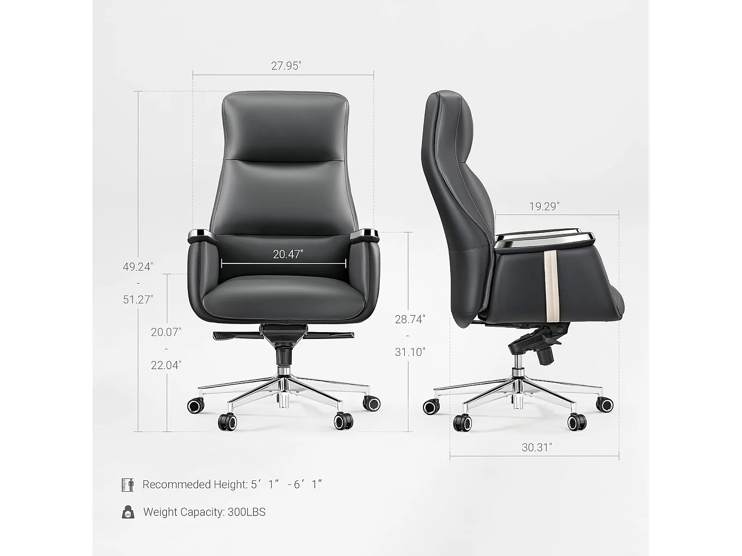 Fauteuil bureau haut dossier pivotant, assise large en simili cuir ergonomique. Charge max 136kg, teinte gris acier, parfait pour bureau domestique
