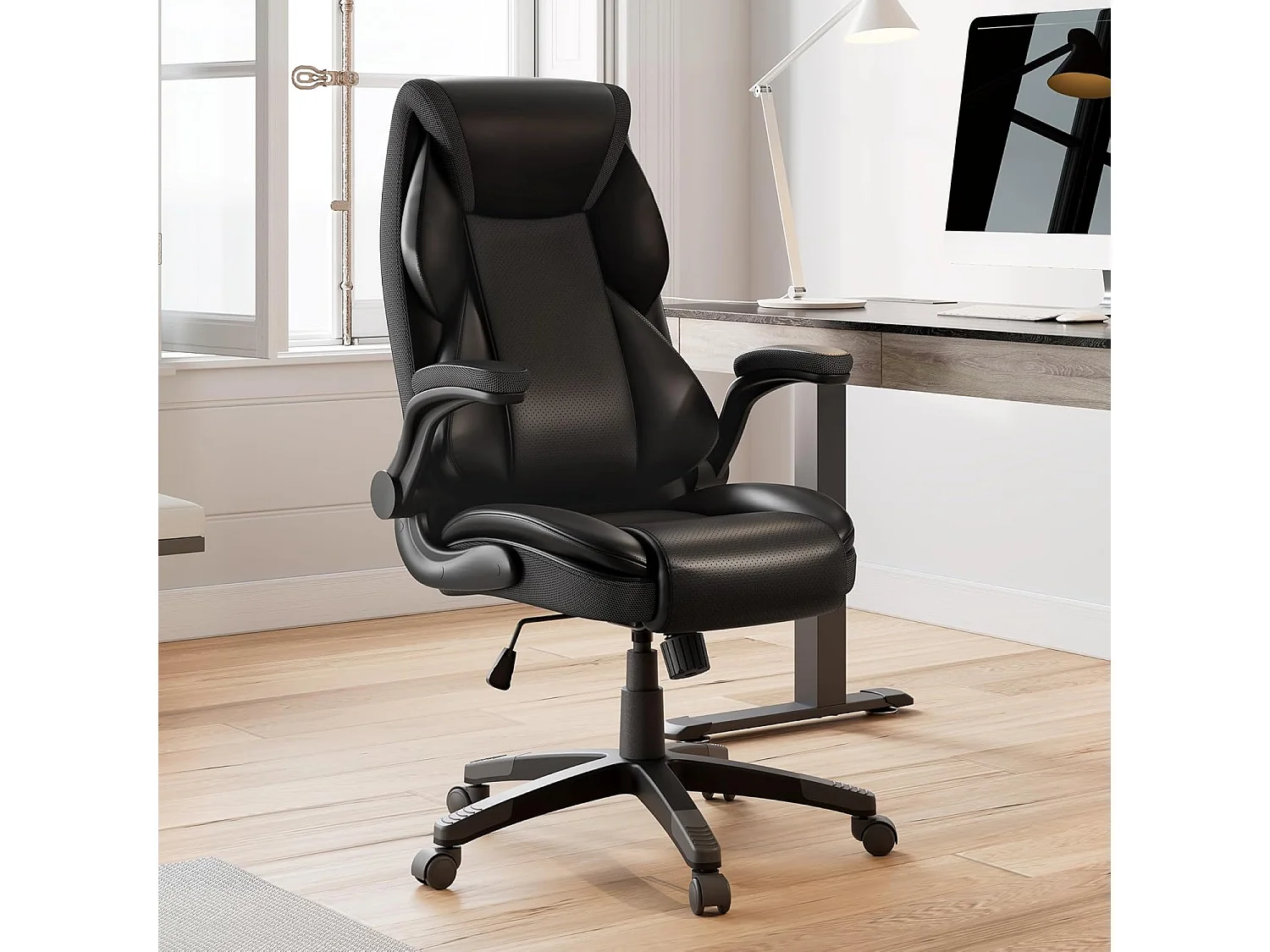 Fauteuil bureau gaming simili cuir, accoudoirs rabattables. Haut dossier hauteur ajustable, rotation 360°, adapté usage domestique et professionnel
