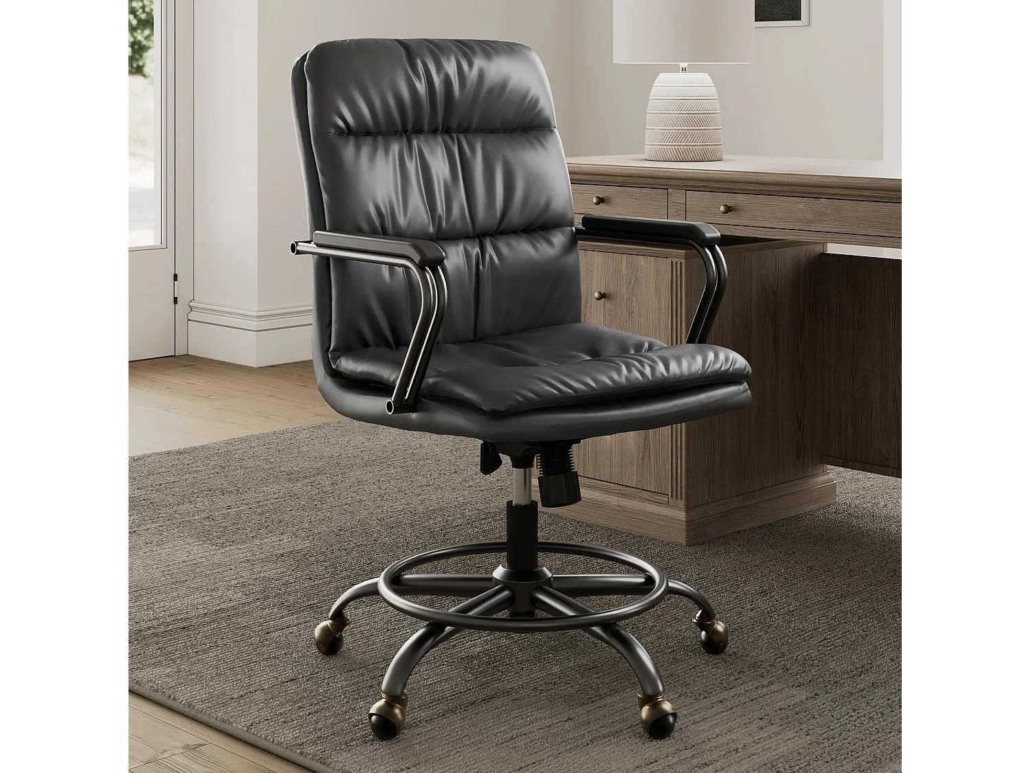 Chaise pivotante style rétro médiéval en simili cuir PU, hauteur ajustable. Charge maximale 125kg, coloris gris, convenant bureau, salon et chambre
