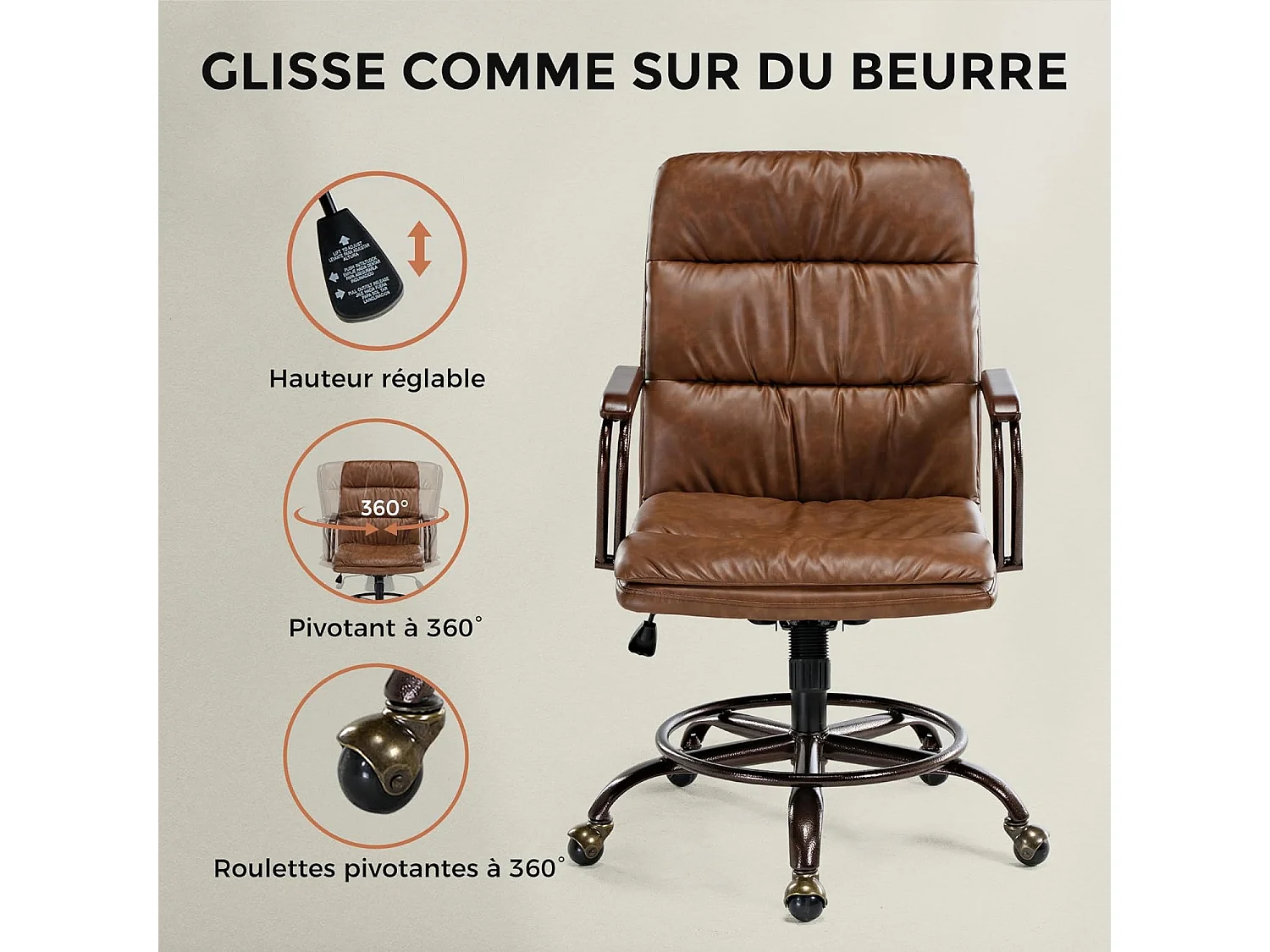 Chaise pivotante style rétro médiéval en simili cuir PU, hauteur ajustable. Charge maximale 125kg, coloris gris, convenant bureau, salon et chambre