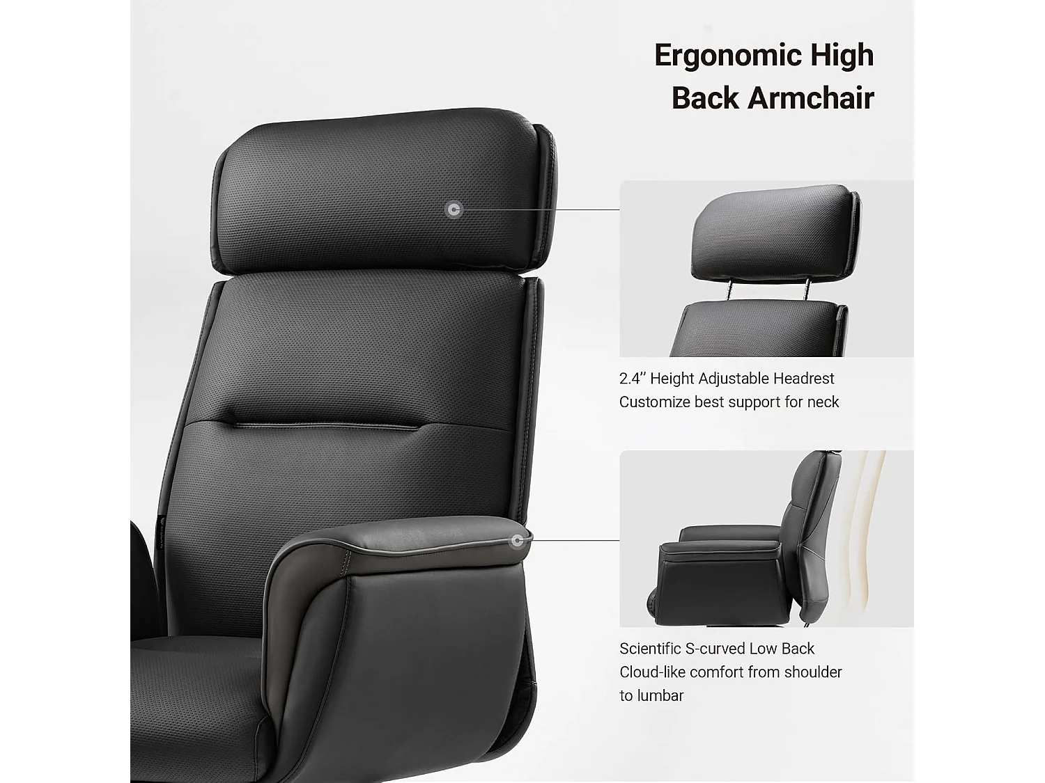 Fauteuil bureau cuir microfibre ergonomique, modèle direction confortable haut et spacieux. Pourvu d'appui-tête surélevé et garnissage bien rembourré, adapté
