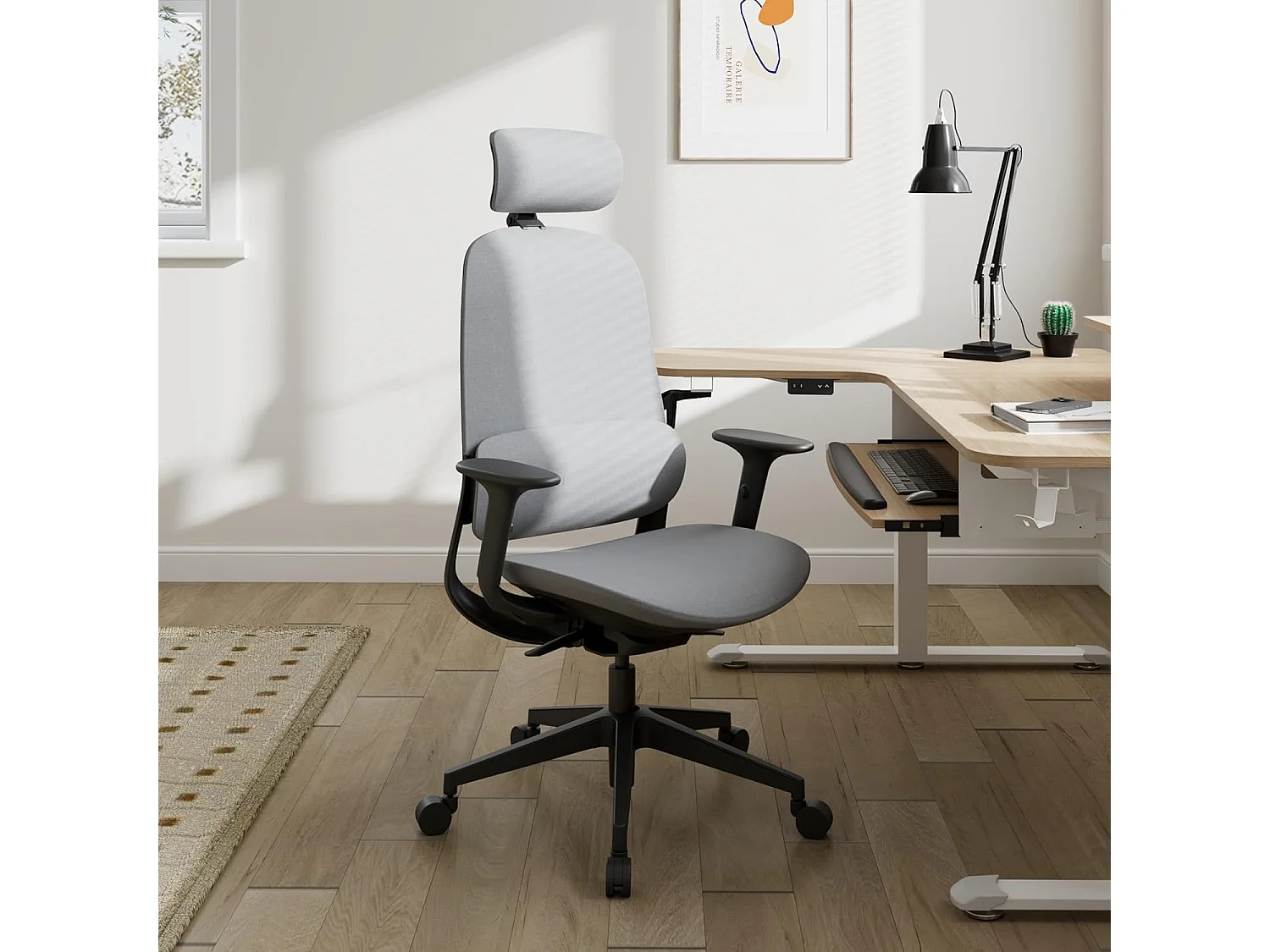 Chaise bureau ergonomique tissu, fauteuil avec appui-tête et soutien lombaire. Hauteur ajustable, inclinaison réglable de 100° à 120°, confort optimal