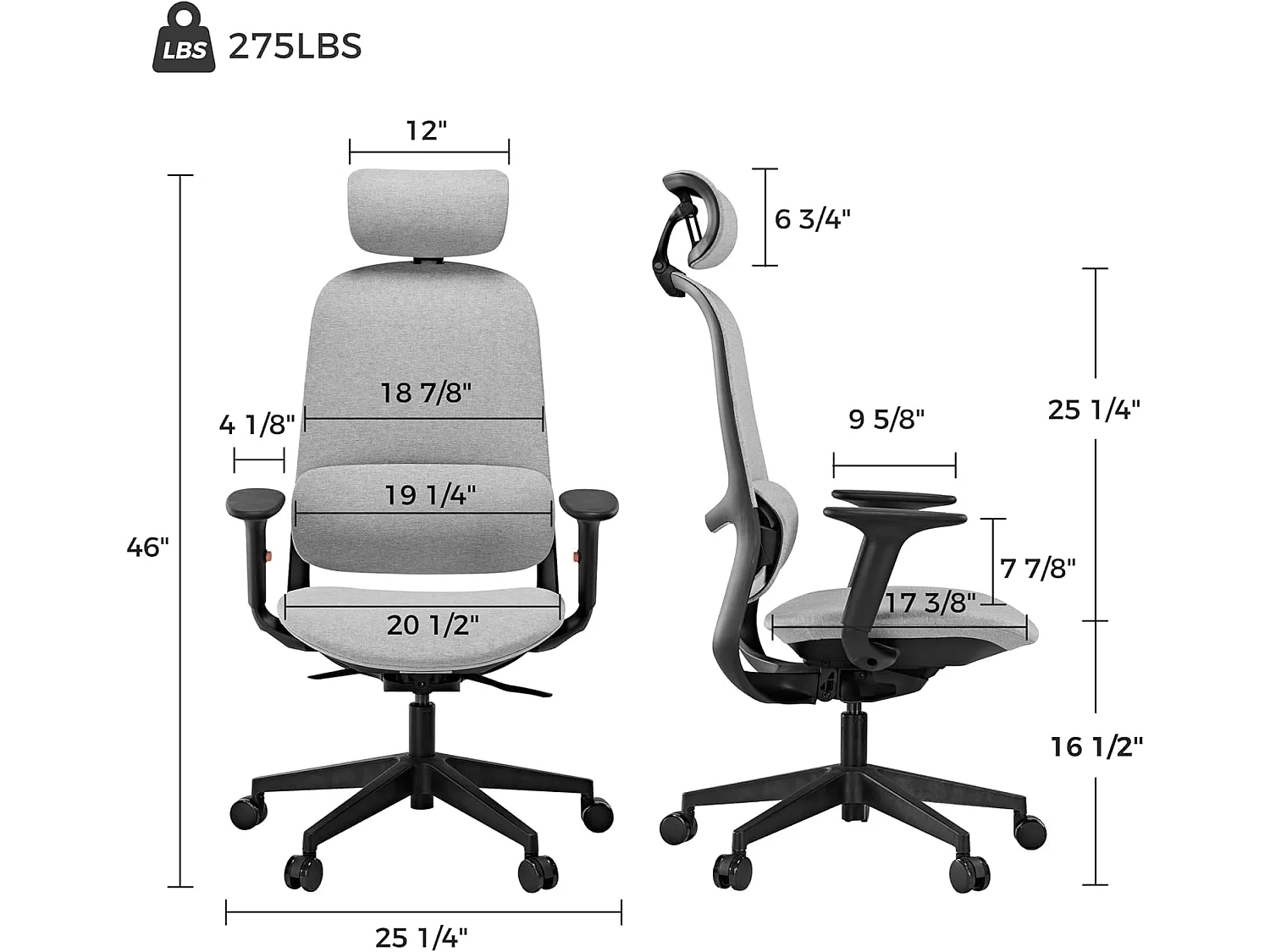 Chaise bureau ergonomique tissu, fauteuil avec appui-tête et soutien lombaire. Hauteur ajustable, inclinaison réglable de 100° à 120°, confort optimal