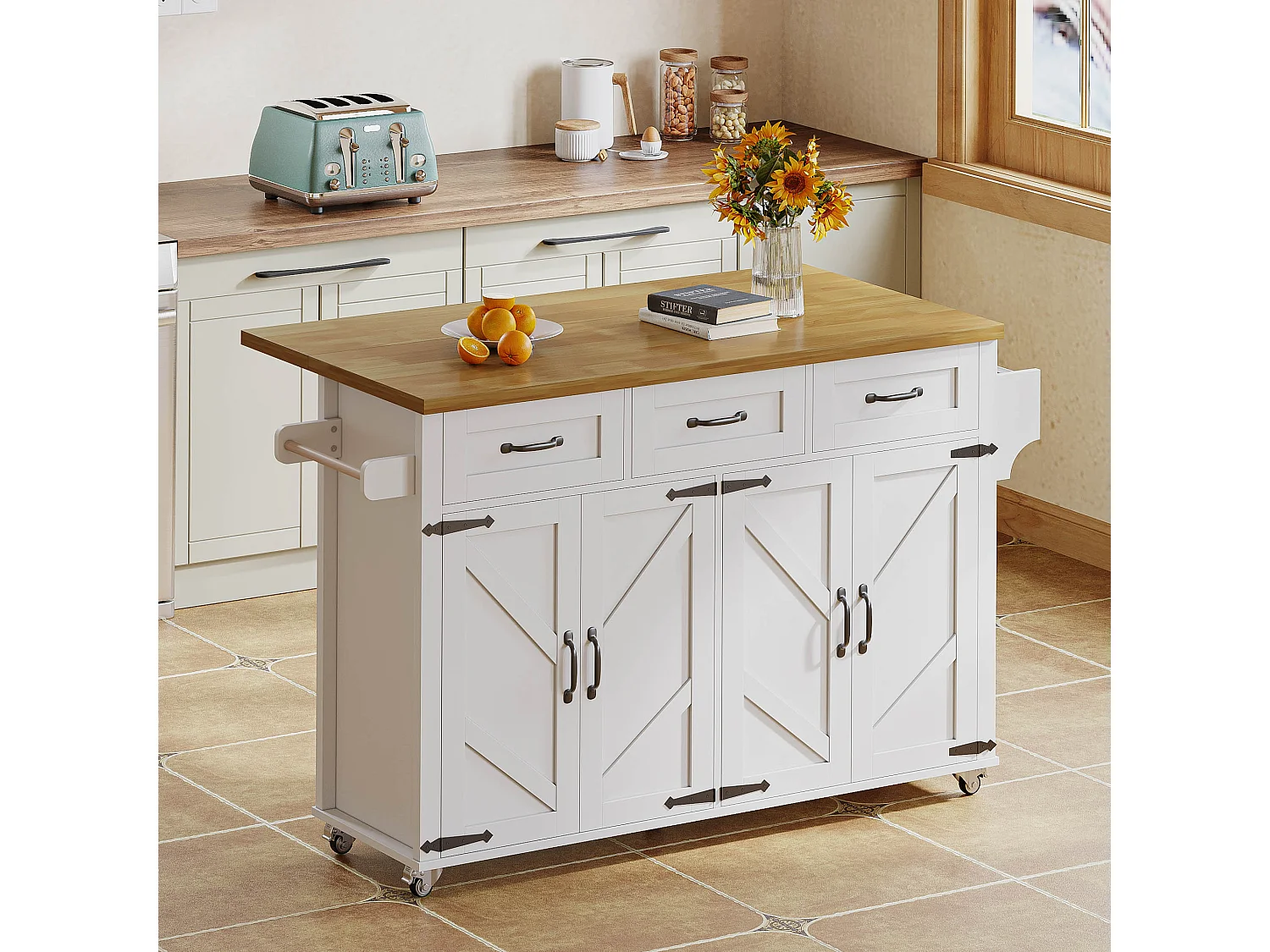 Kitchen island - folding dining table - with 5 lockable casters - with 3 drawers and 4 doors - barn style design - White