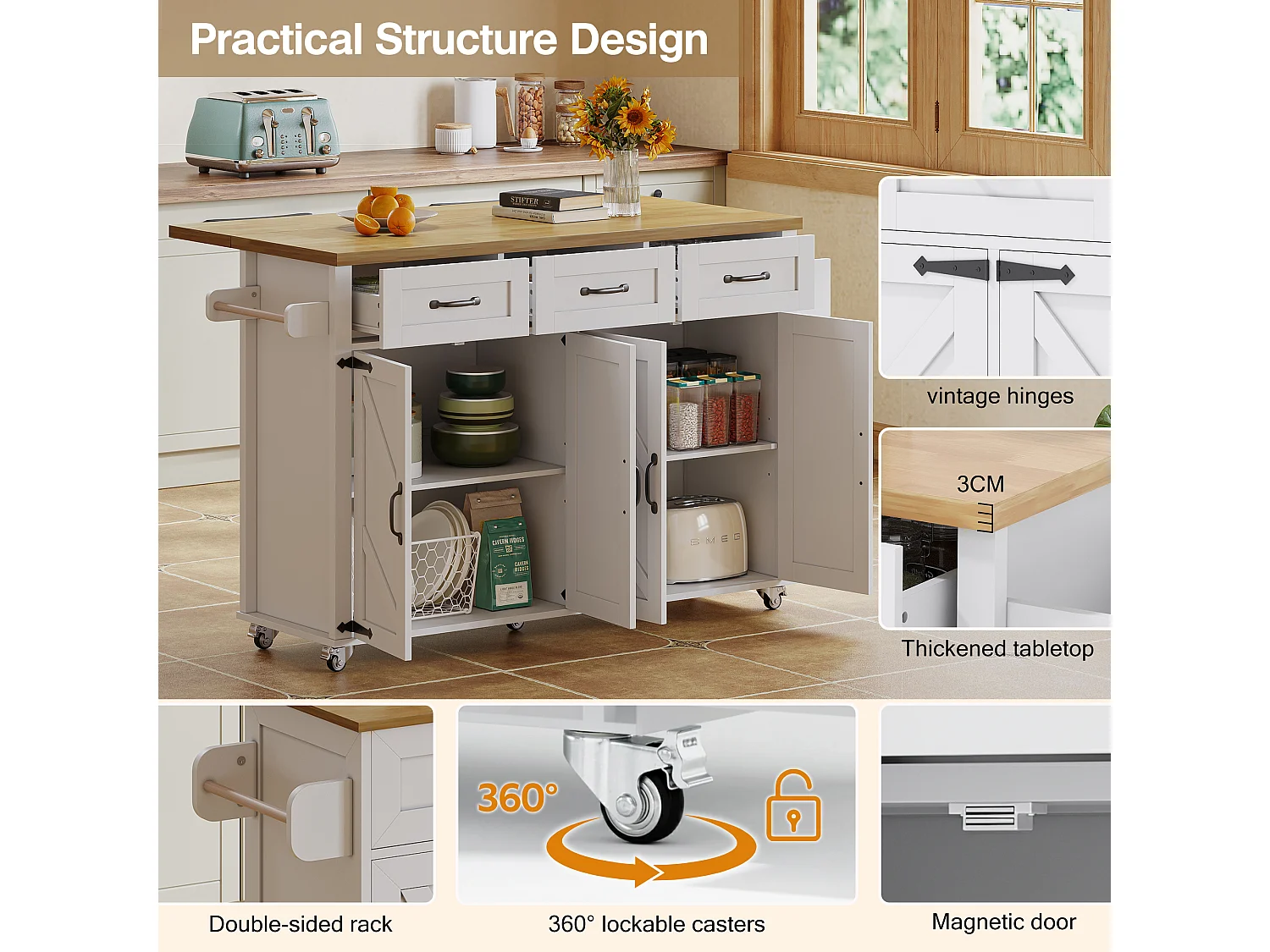 Kitchen island - folding dining table - with 5 lockable casters - with 3 drawers and 4 doors - barn style design - White
