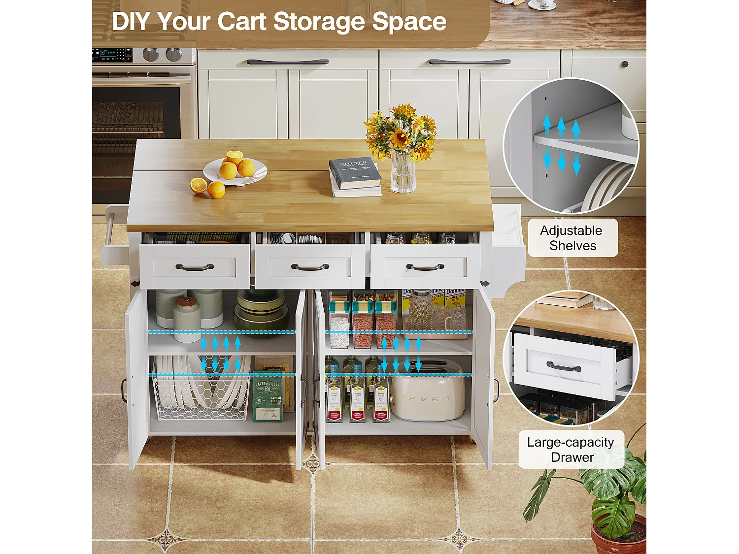 Kitchen island - folding dining table - with 5 lockable casters - with 3 drawers and 4 doors - barn style design - White