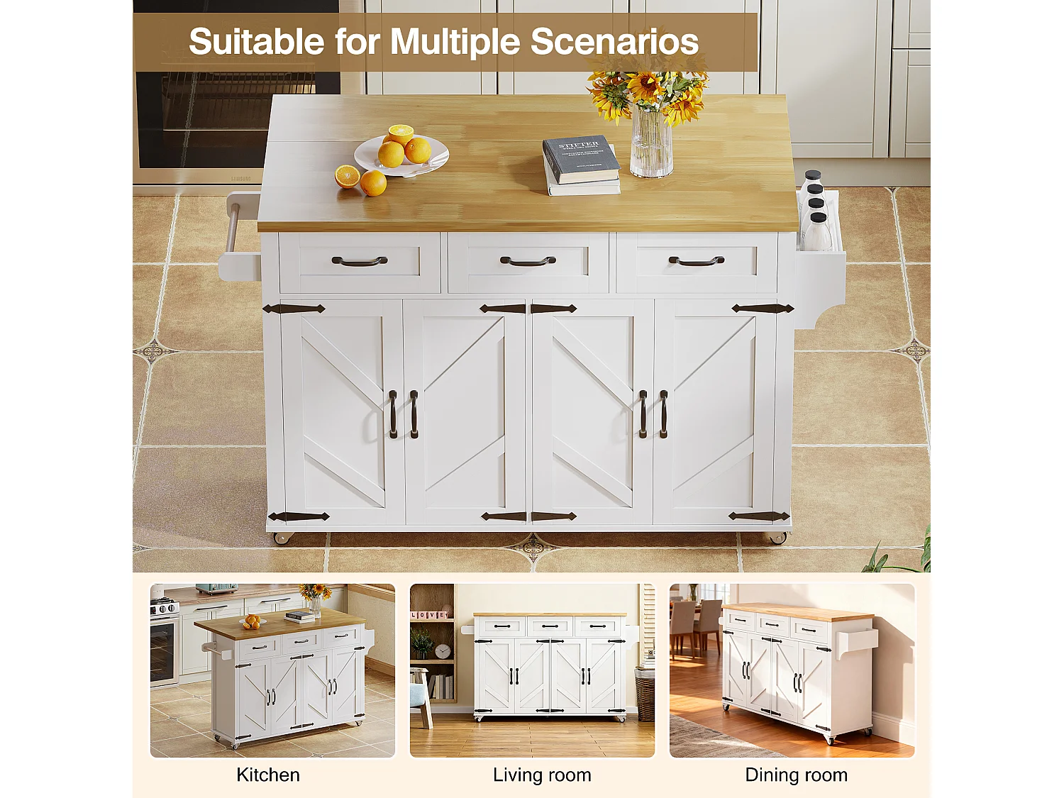 Kitchen island - folding dining table - with 5 lockable casters - with 3 drawers and 4 doors - barn style design - White