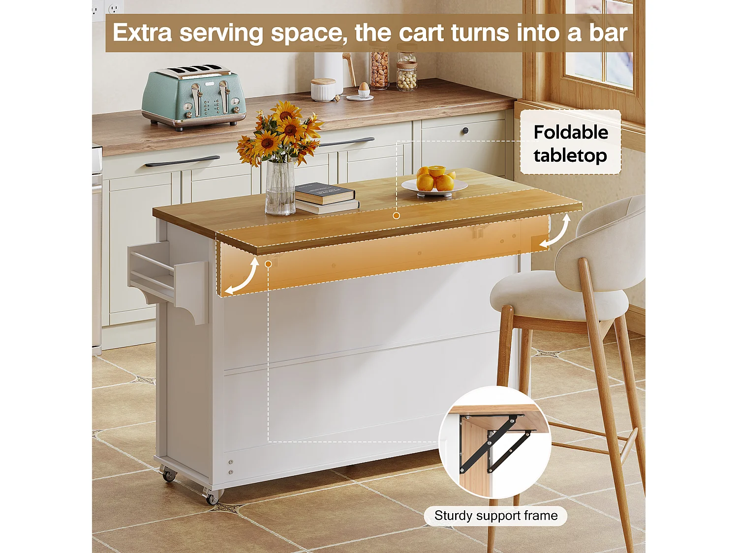 Kitchen island - folding dining table - with 5 lockable casters - with 3 drawers and 4 doors - barn style design - White
