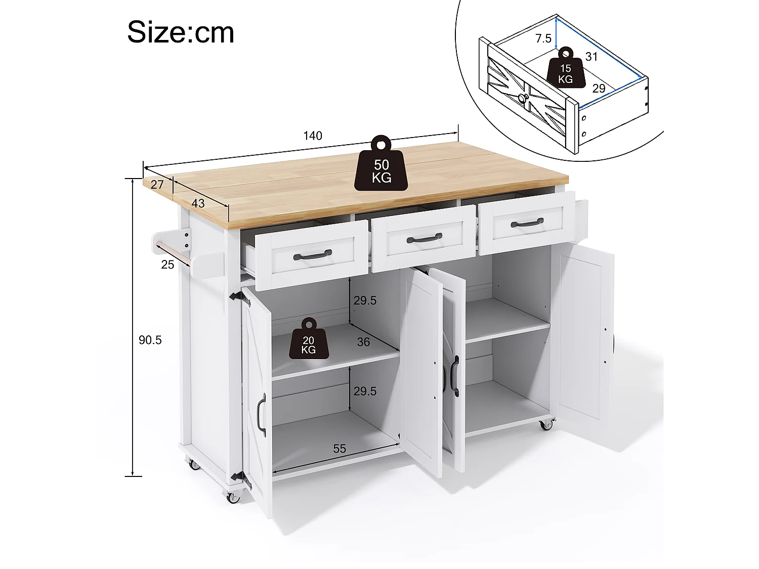 Kitchen island - folding dining table - with 5 lockable casters - with 3 drawers and 4 doors - barn style design - White