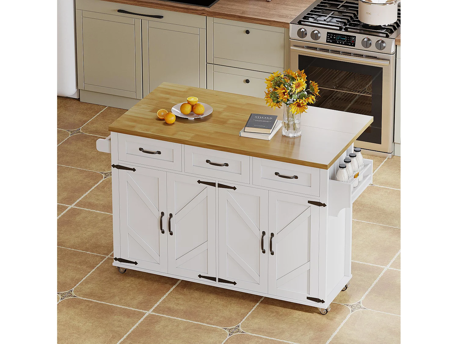 Kitchen island - folding dining table - with 5 lockable casters - with 3 drawers and 4 doors - barn style design - White