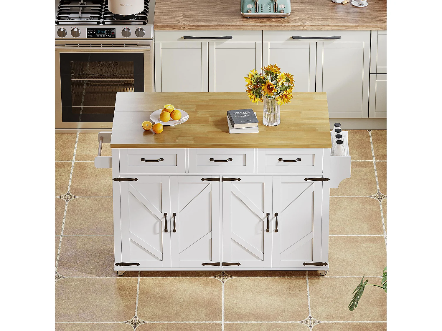Kitchen island - folding dining table - with 5 lockable casters - with 3 drawers and 4 doors - barn style design - White