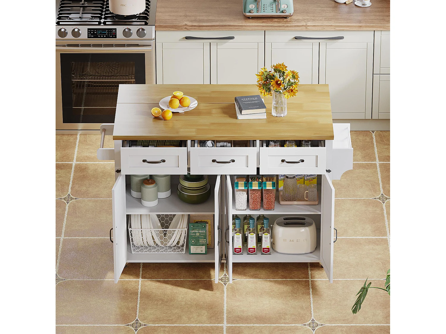 Kitchen island - folding dining table - with 5 lockable casters - with 3 drawers and 4 doors - barn style design - White