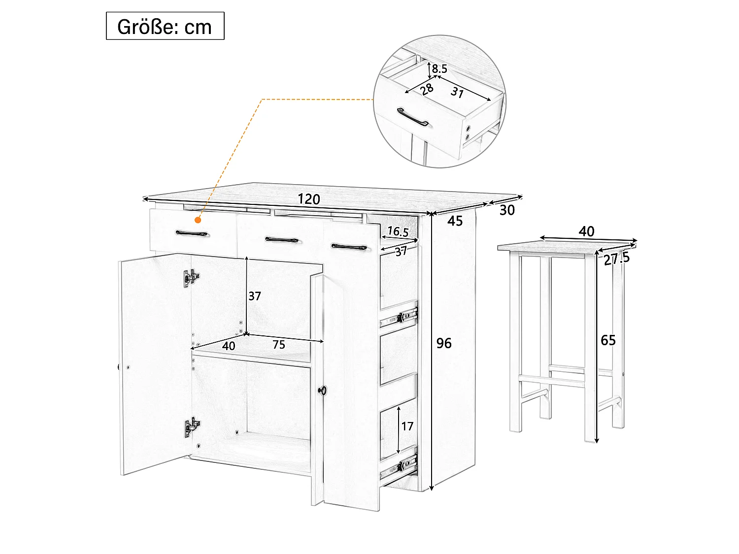 Îlot de cuisine extensible avec rangements, multiprises et 2 chaises - Blanc