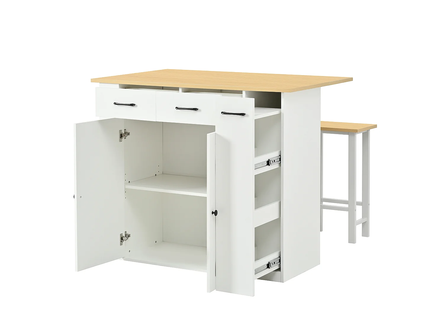 Îlot de cuisine extensible avec rangements, multiprises et 2 chaises - Blanc
