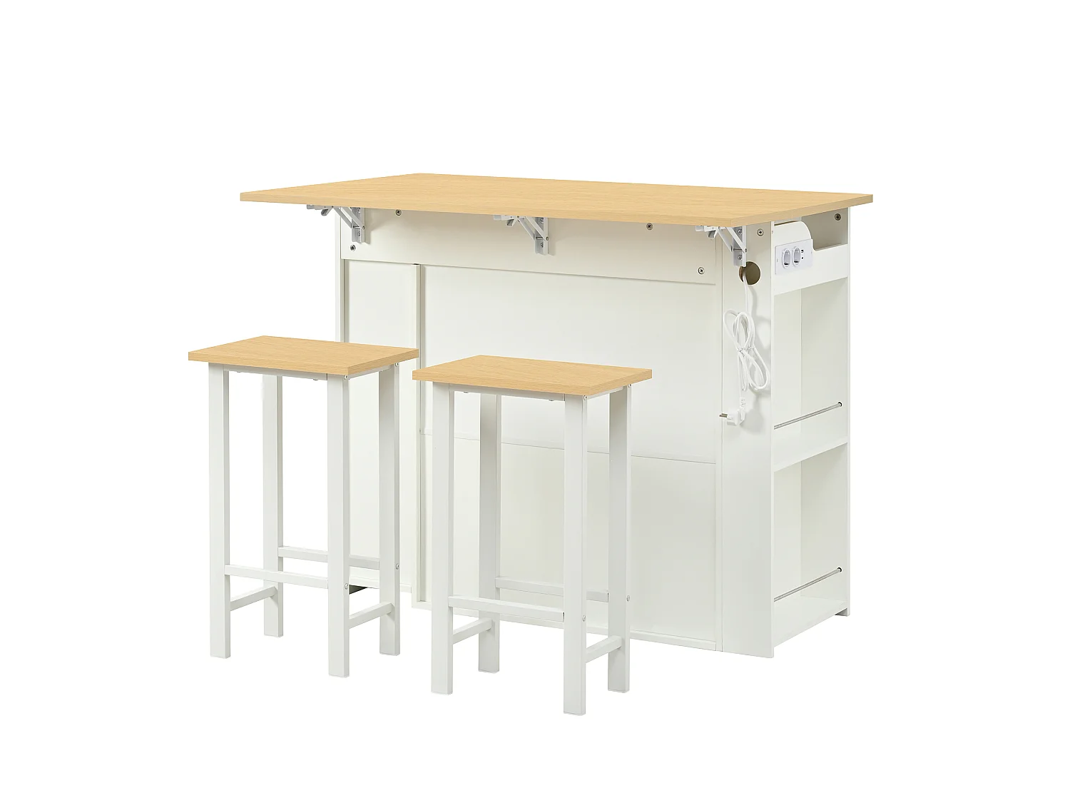 Îlot de cuisine extensible avec rangements, multiprises et 2 chaises - Blanc