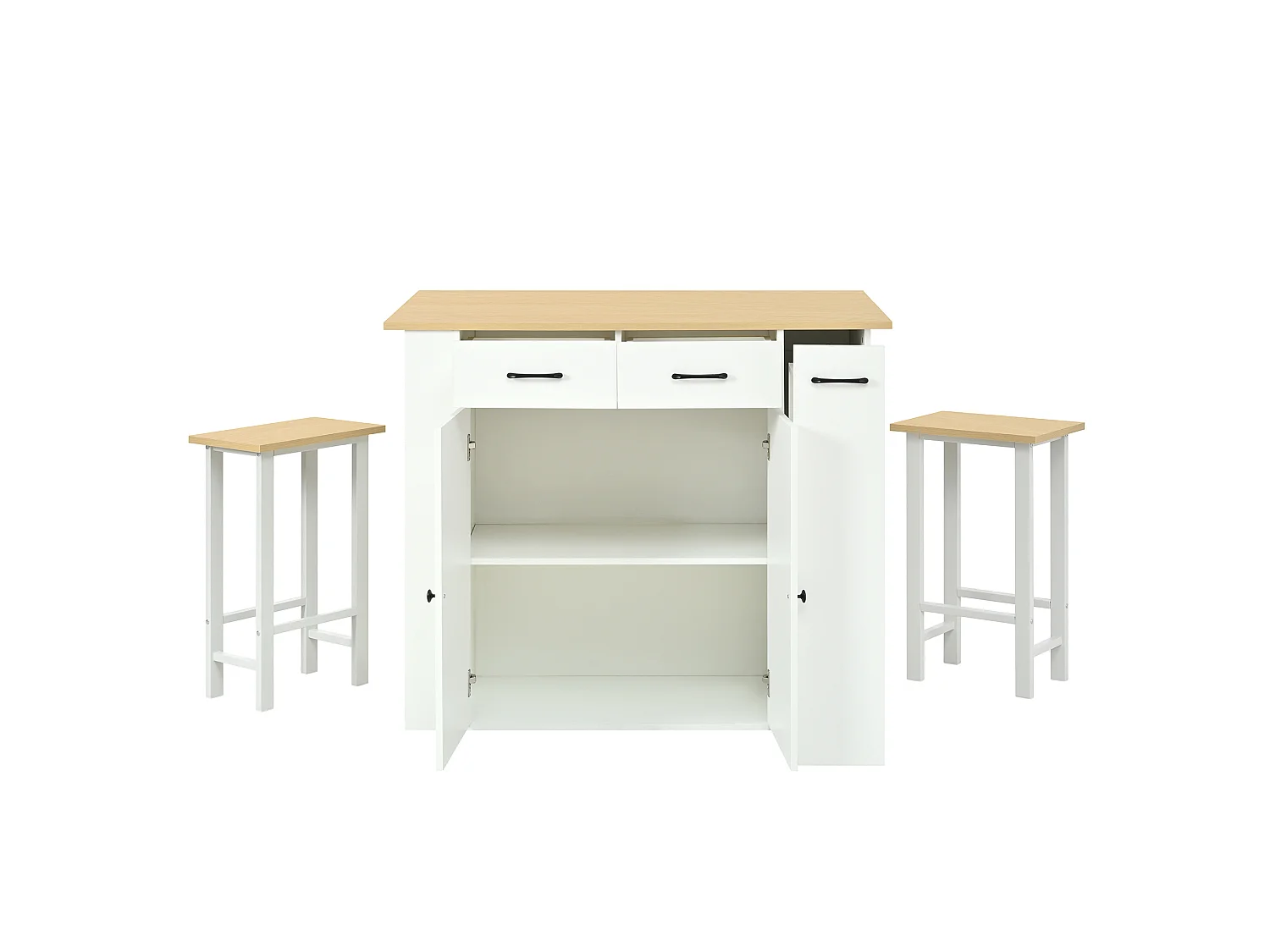 Îlot de cuisine extensible avec rangements, multiprises et 2 chaises - Blanc