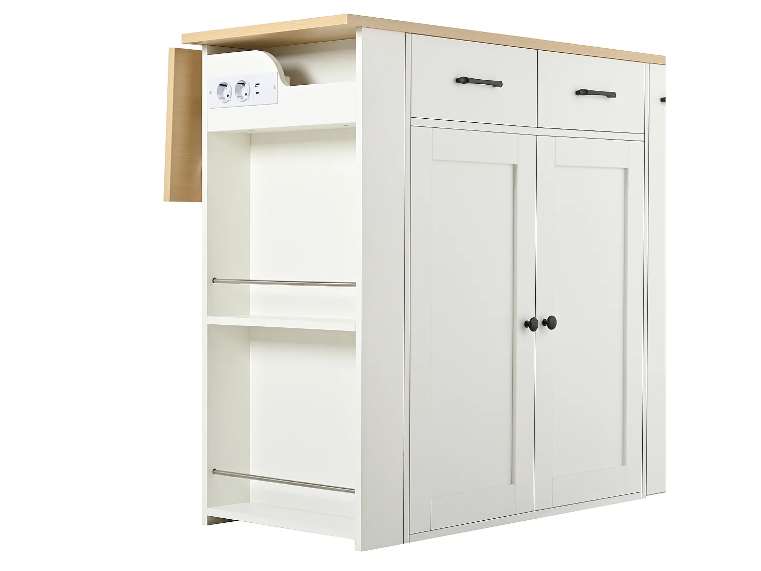 Îlot de cuisine extensible avec rangements, multiprises et 2 chaises - Blanc