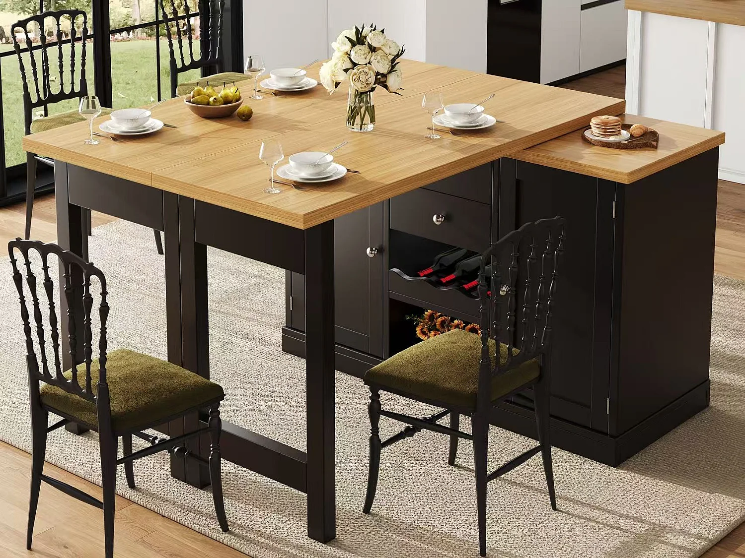 Îlot Central de Cuisine Pivotante à 360° et Extensible 120-197cm - avec Range-Bouteilles et Portes Aimantées - Noir