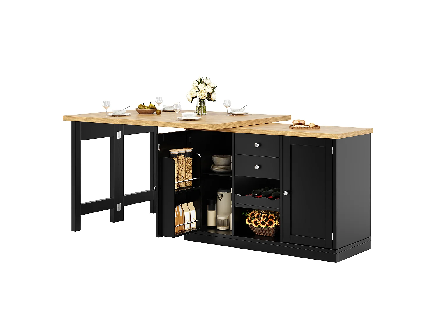 Îlot Central de Cuisine Pivotante à 360° et Extensible 120-197cm - avec Range-Bouteilles et Portes Aimantées - Noir
