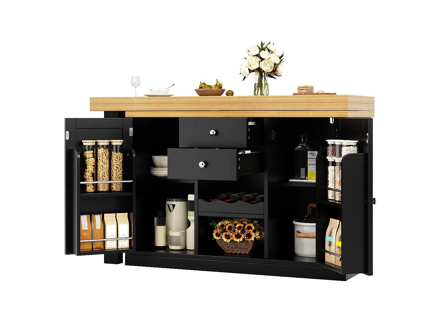 Îlot Central de Cuisine Pivotante à 360° et Extensible 120-197cm - avec Range-Bouteilles et Portes Aimantées - Noir