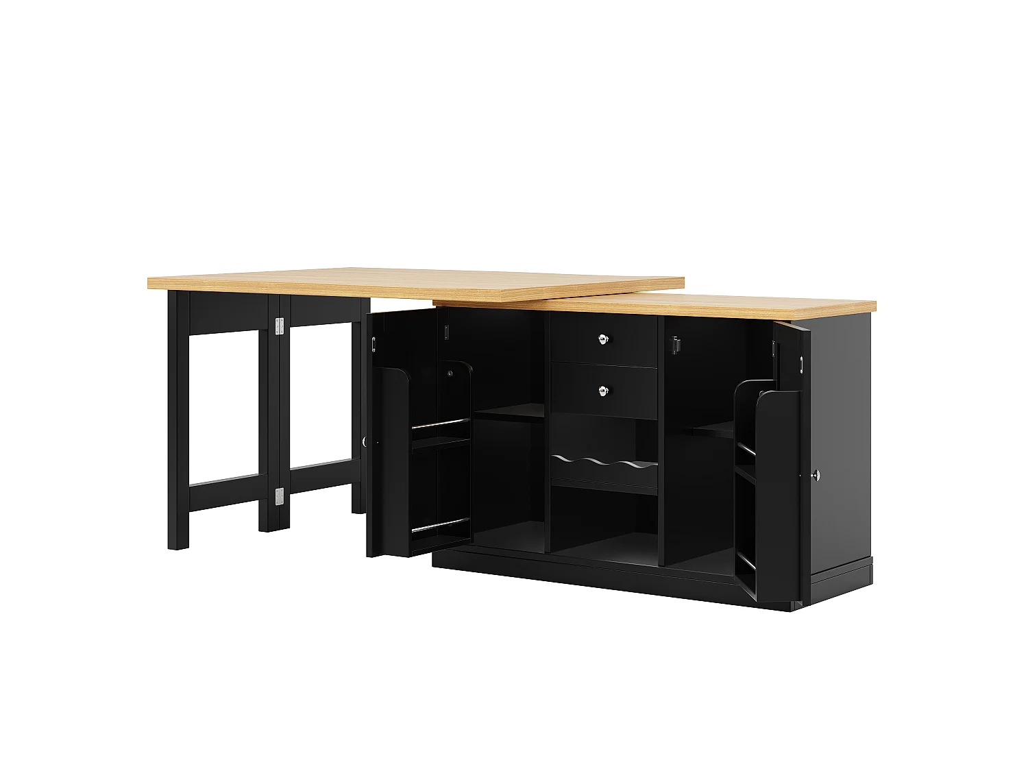 Îlot Central de Cuisine Pivotante à 360° et Extensible 120-197cm - avec Range-Bouteilles et Portes Aimantées - Noir