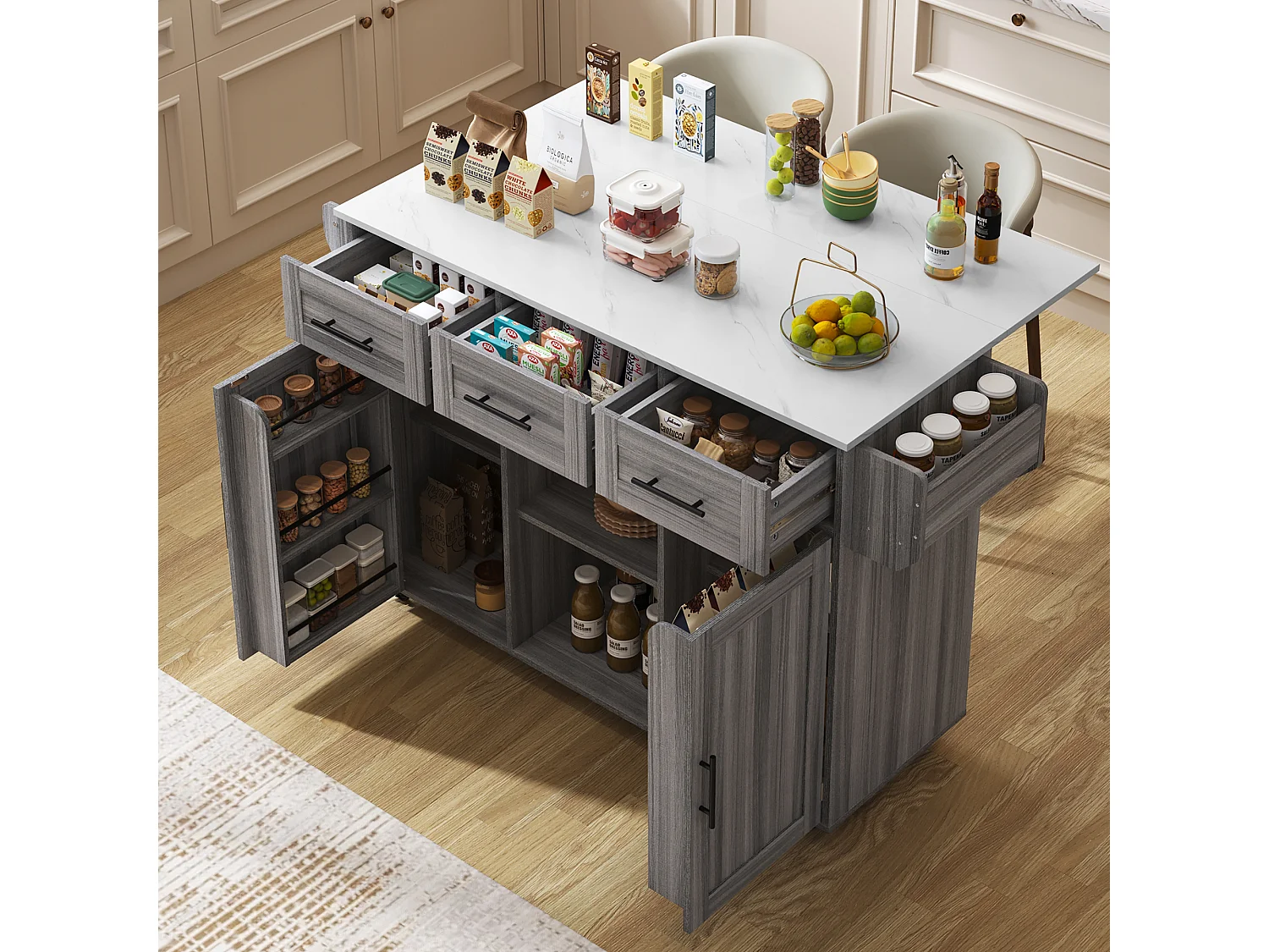 Kitchen island with 3 drawers and storage doors - Extendable top - Casters or wooden legs - Gray