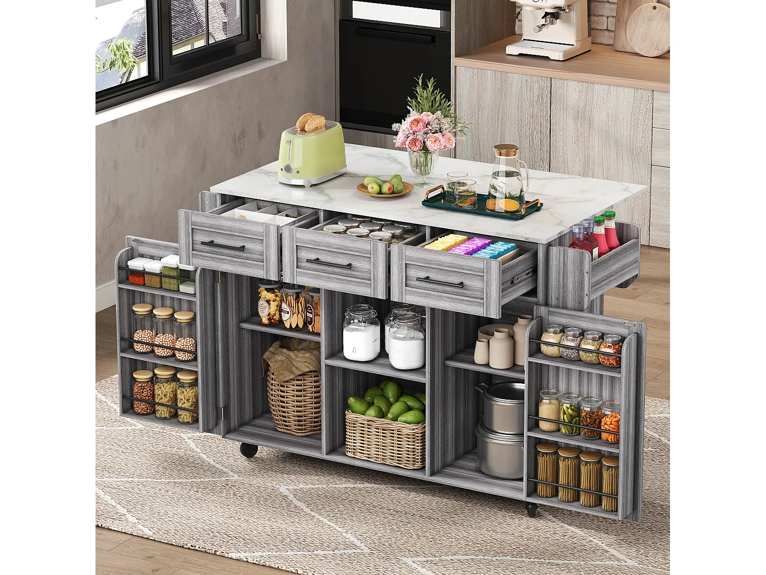 Kitchen island with 3 drawers and storage doors - Extendable top - Casters or wooden legs - Gray
