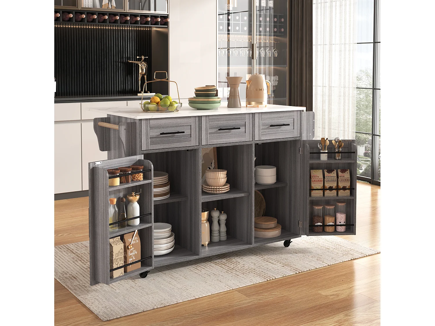 Kitchen island with 3 drawers and storage doors - Extendable top - Casters or wooden legs - Gray